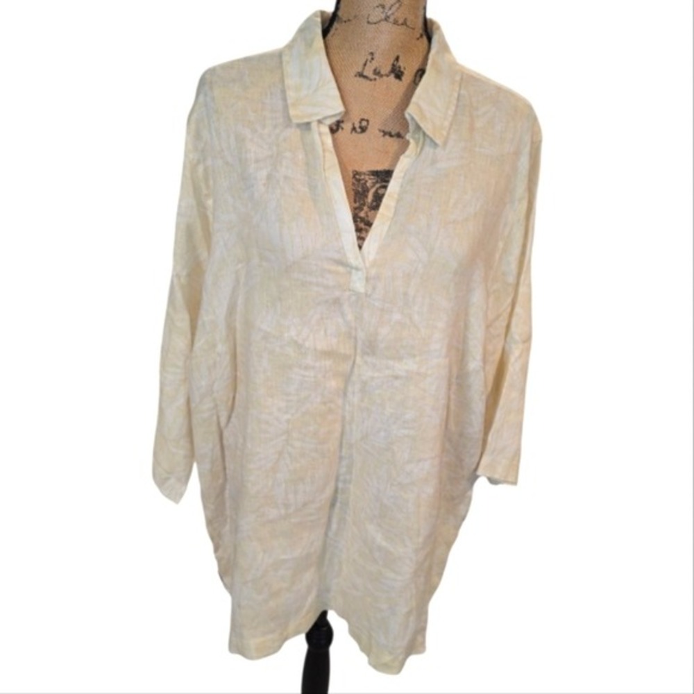 Tahari 100 % Linen light yellow and white floral print Tunic Length Shirt 2X new